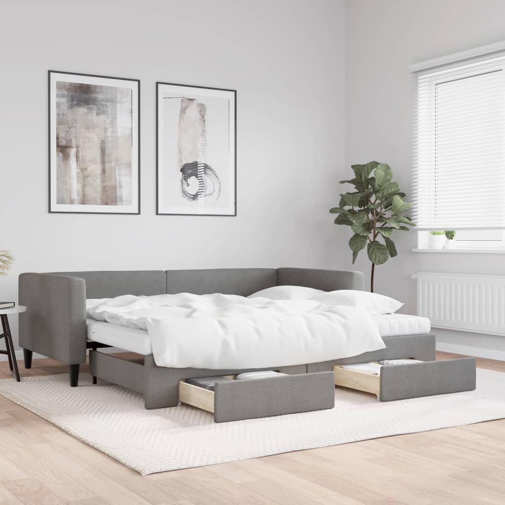 Daybed Stof Mørkegrå - med udtræk og skuffe og madras / 90 x 190 cm