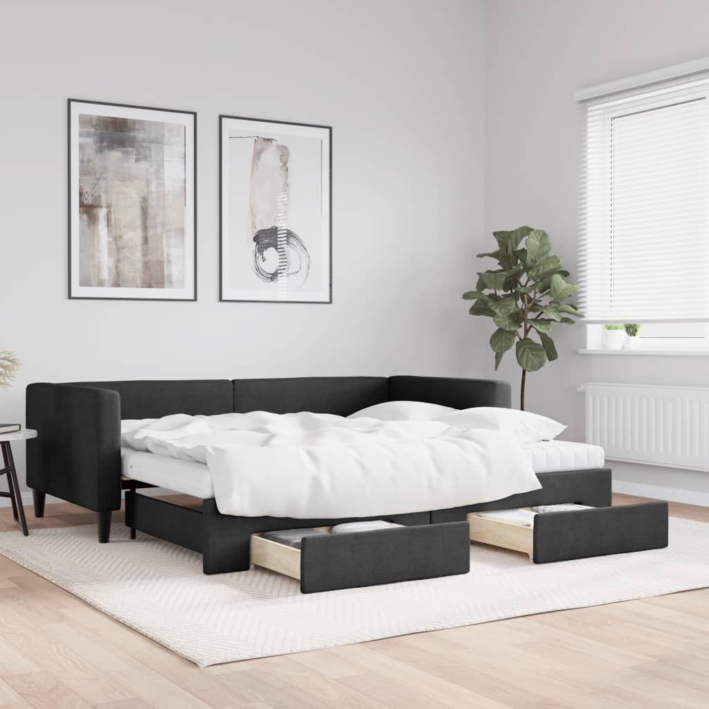 Daybed Stof Sort - med udtræk og skuffe og madras / 90 x 190 cm