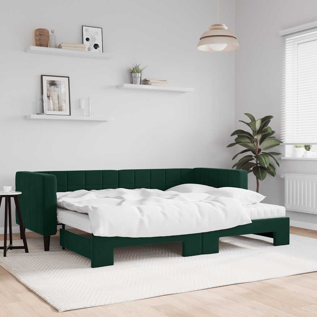 Daybed med udtræk og 2 madrasser 80 x 200 cm velour - mørkegrøn