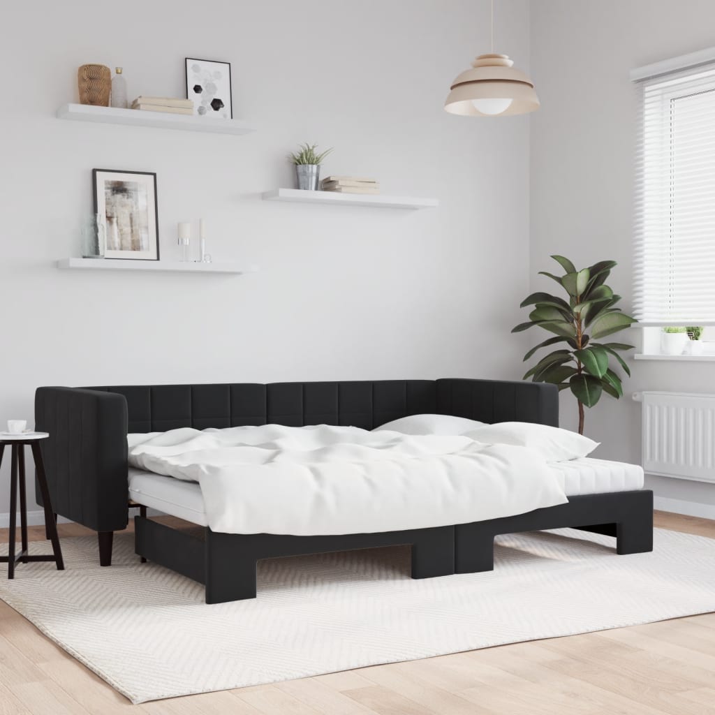 Daybed med udtræk og 2 madrasser 80 x 200 cm velour - sort