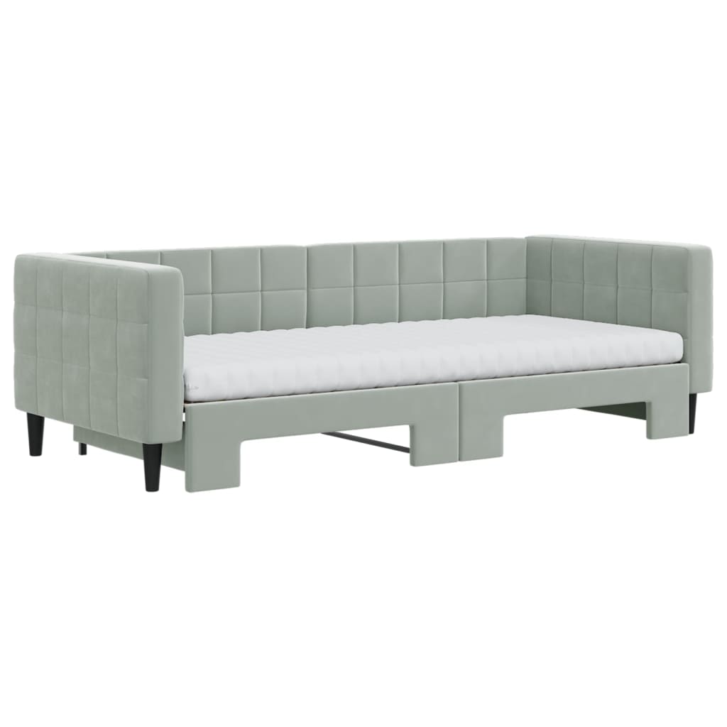vidaXL Slaapbank onderschuifbed matrassen 90x200 cm fluweel lichtgrijs afbeelding