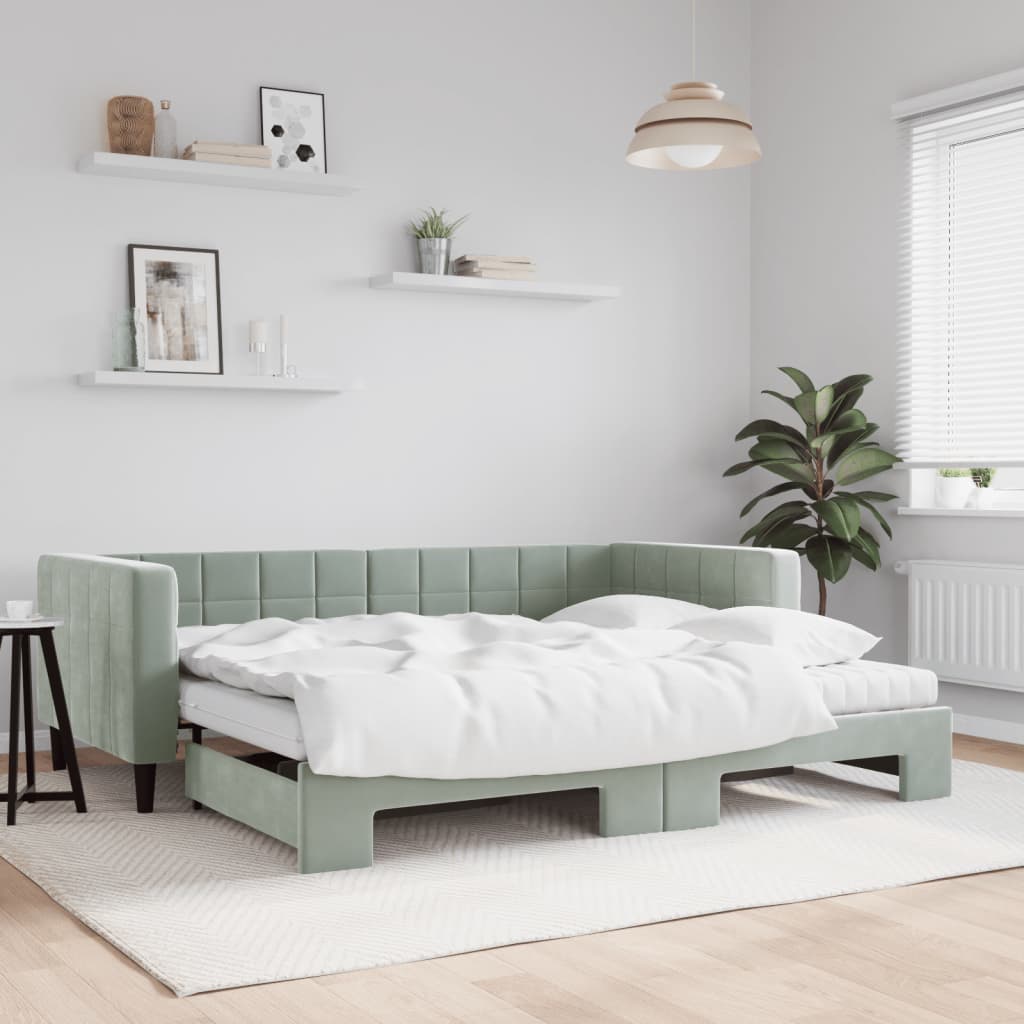 Daybed med udtræk og 2 madrasser 90x200 cm i velour lysegrå