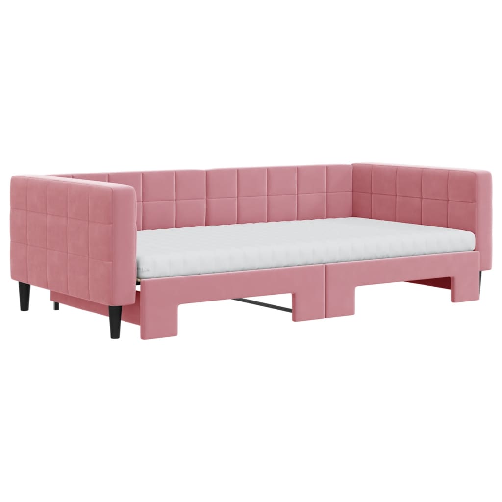 vidaXL Slaapbank onderschuifbed en matrassen 100x200 cm fluweel roze