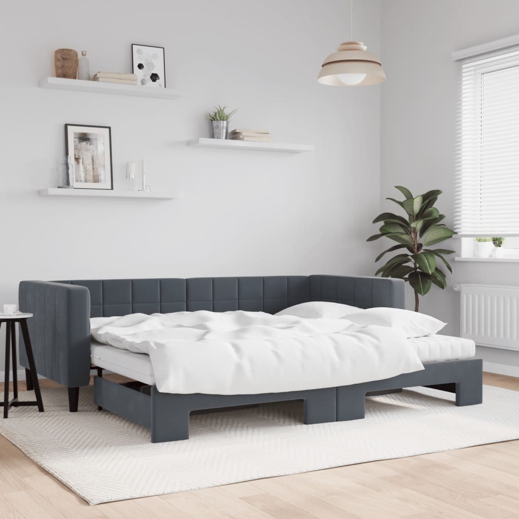 daybed med udtræk og madras 90x190 cm velour mørkegrå