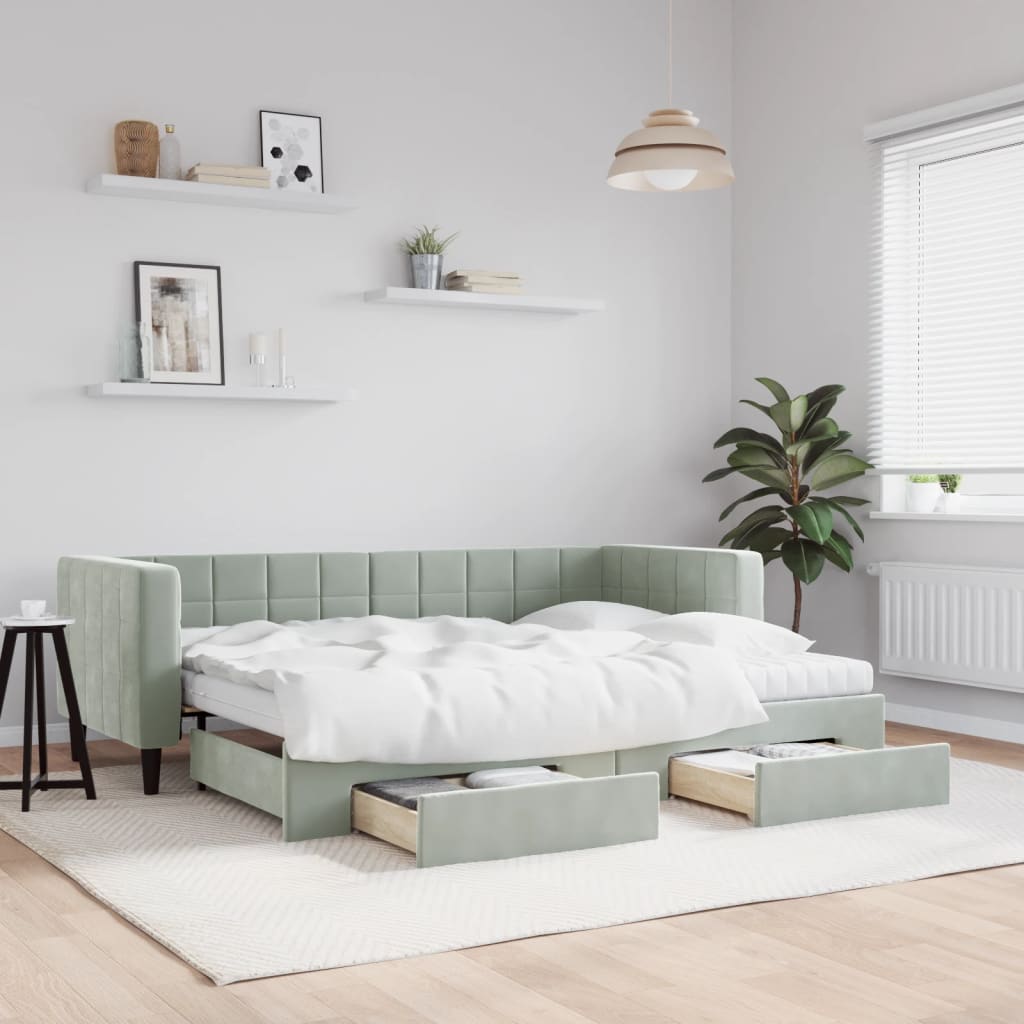 Daybed Velour Lysegrå - med udtræk og skuffe og madras / 80 x 200 cm