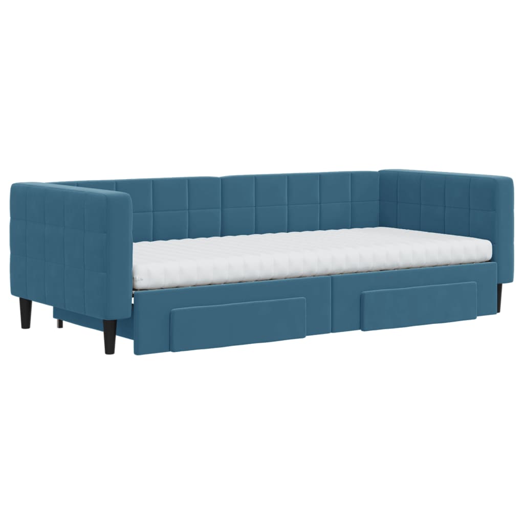 vidaXL Slaapbank met onderschuifbed en lades 90x200 cm fluweel blauw afbeelding
