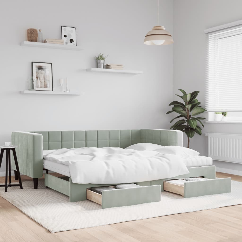 Daybed Velour Lysegrå - med udtræk og skuffe og madras / 90 x 200 cm