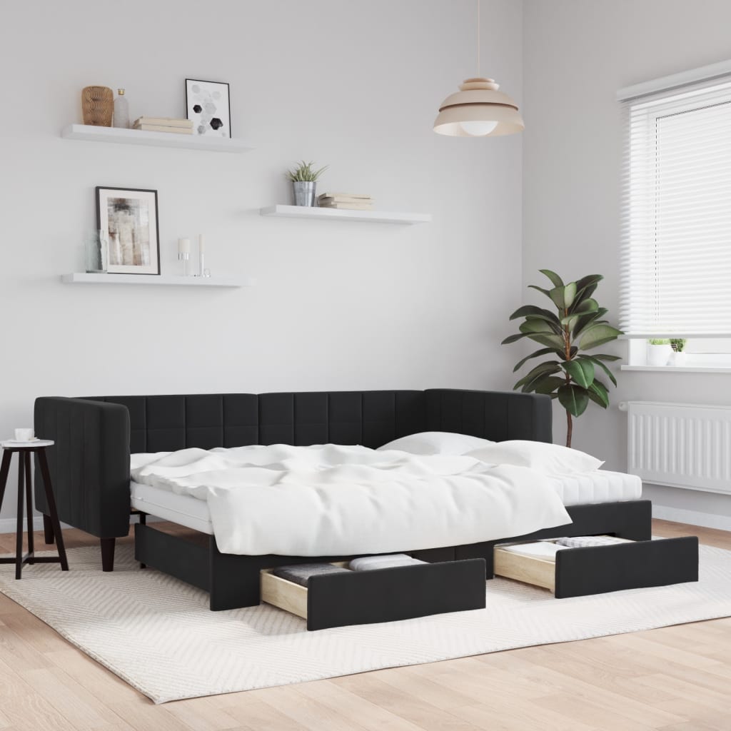 Daybed Velour Sort - med udtræk og skuffe og madras / 90 x 200 cm