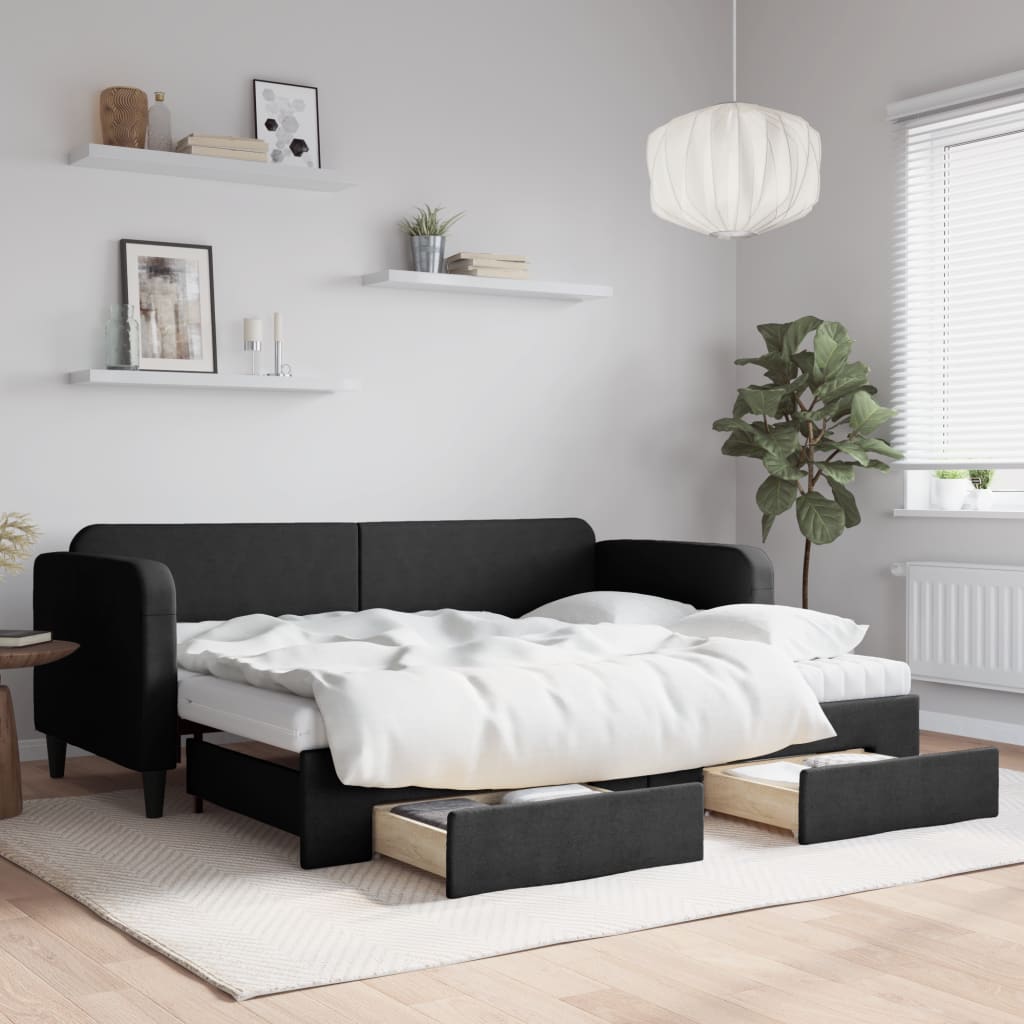 Daybed Stof Sort - med udtræk og skuffe og madras / 80 x 200 cm
