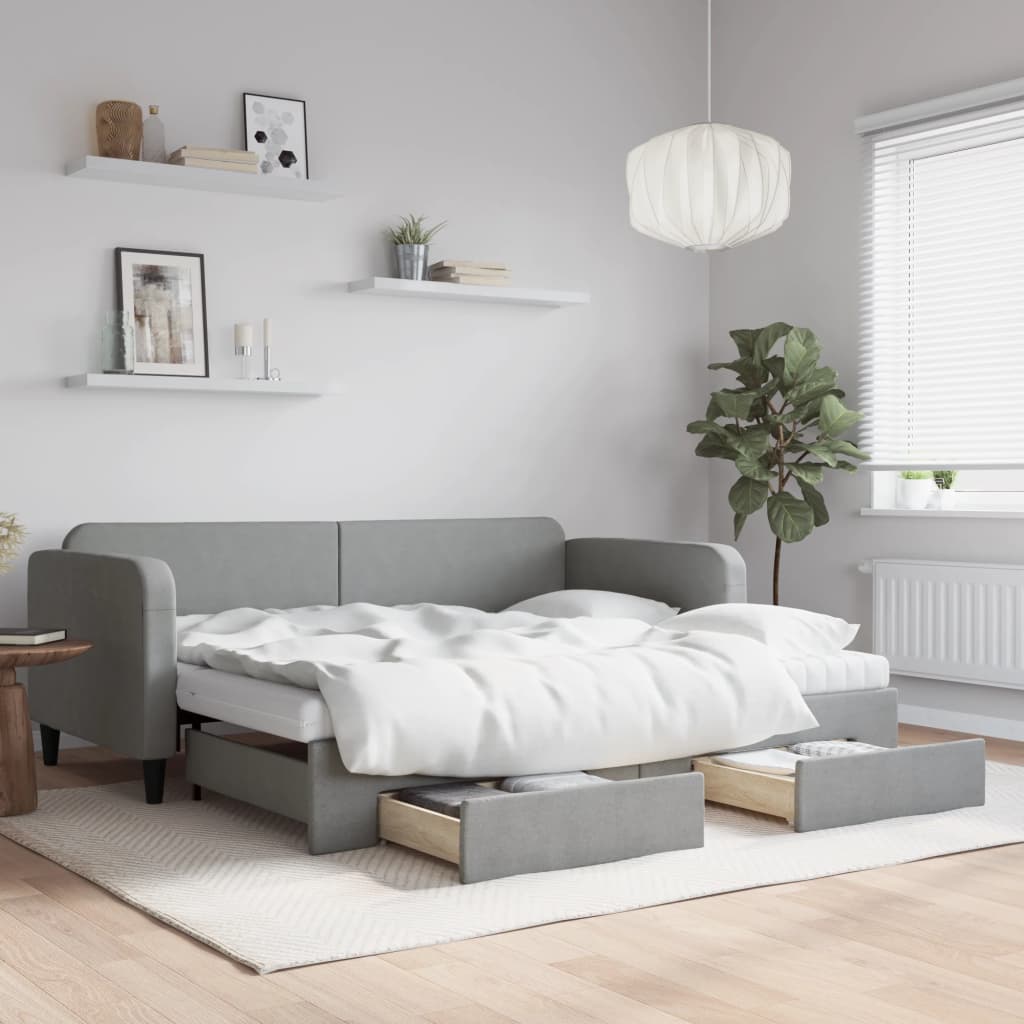 Daybed Stof Lysegrå - med udtræk og skuffe og madras / 90 x 200 cm