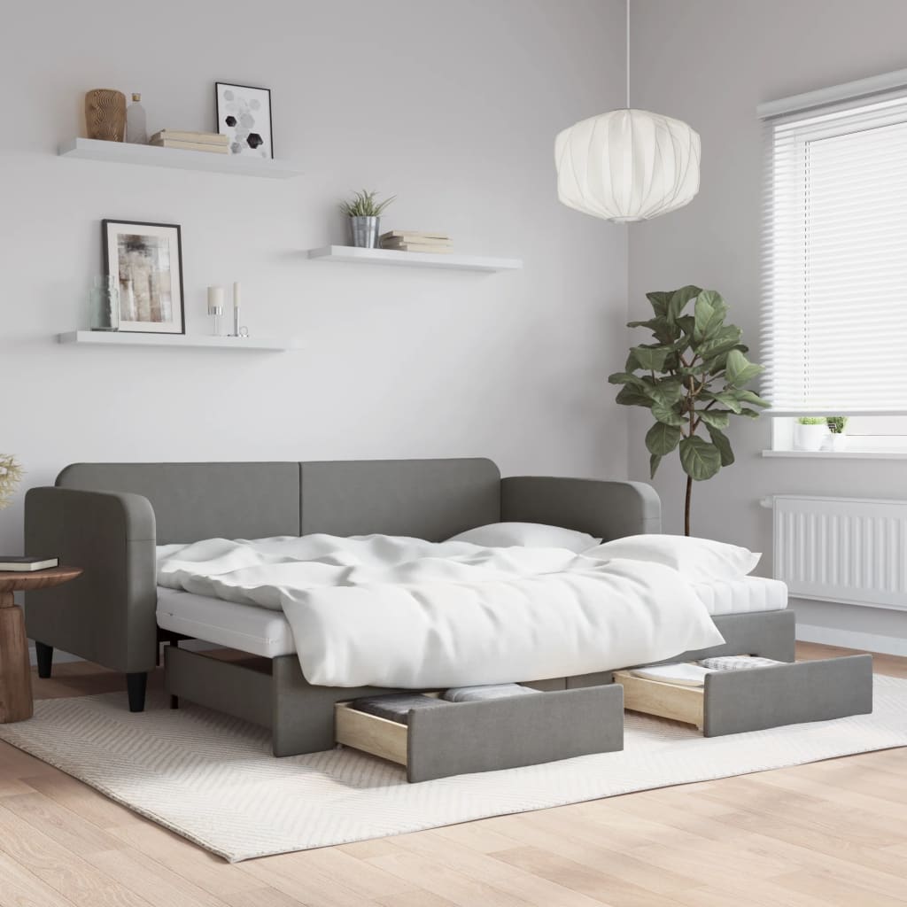 Daybed Stof Mørkegrå - med udtræk og skuffe og madras / 90 x 200 cm