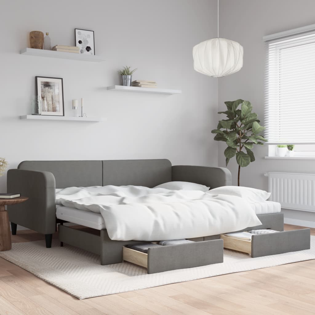 Daybed Stof Mørkegrå - med udtræk og skuffe og madras / 100 x 200 cm