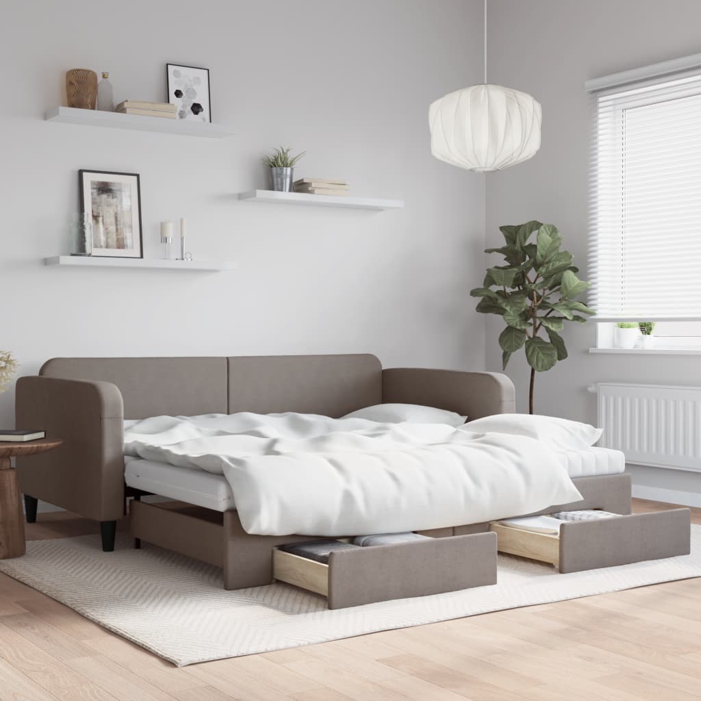 Daybed Stof Gråbrun - med udtræk og skuffe og madras / 100 x 200 cm