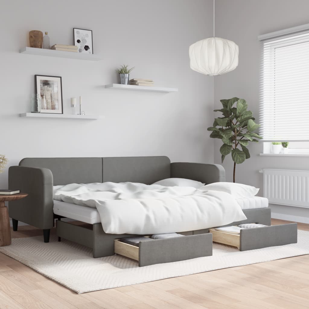 Daybed Stof Mørkegrå - med udtræk og skuffe og madras / 90 x 190 cm