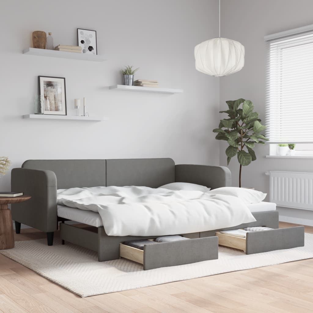 vidaXL Vuodesohva rullilla ja laatikoilla t.harmaa 90x190 cm kangas
