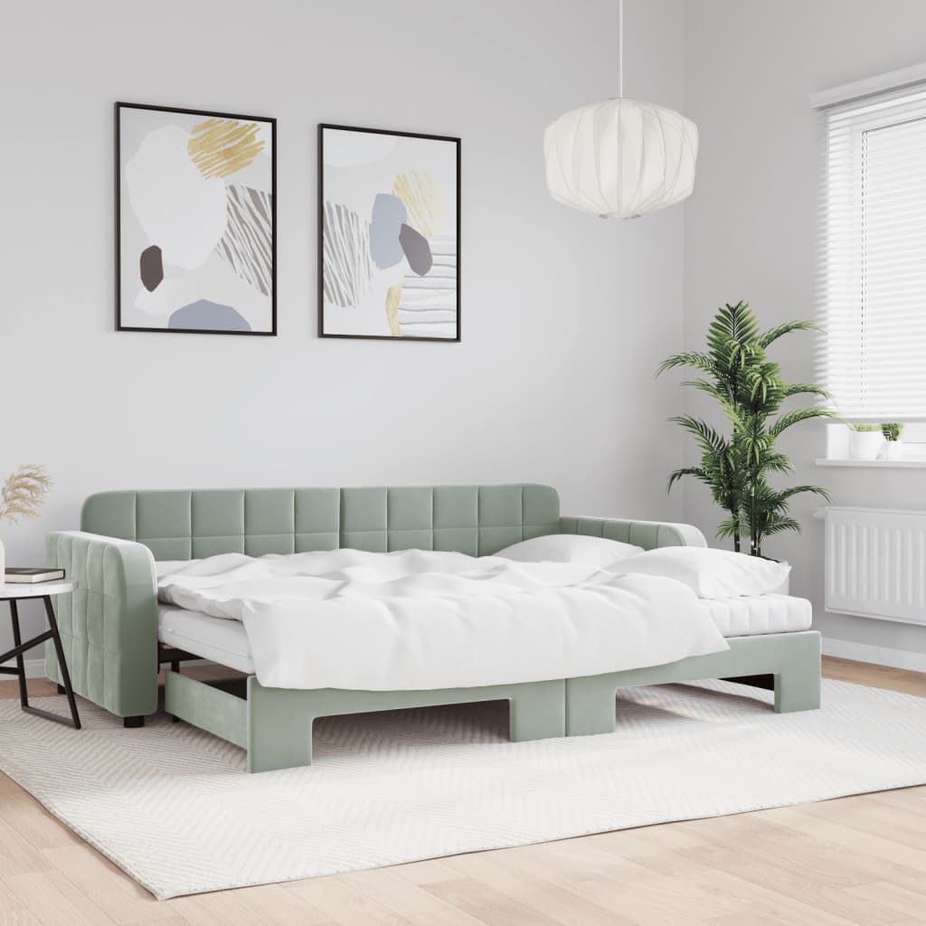 Dagseng med udtræk og 2 madrasser 80 x 200 cm velour - lysegrå