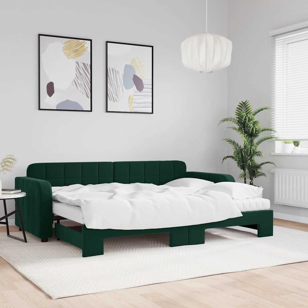Daybed med udtræk og 2 madrasser 80 x 200 cm velour mørkegrøn