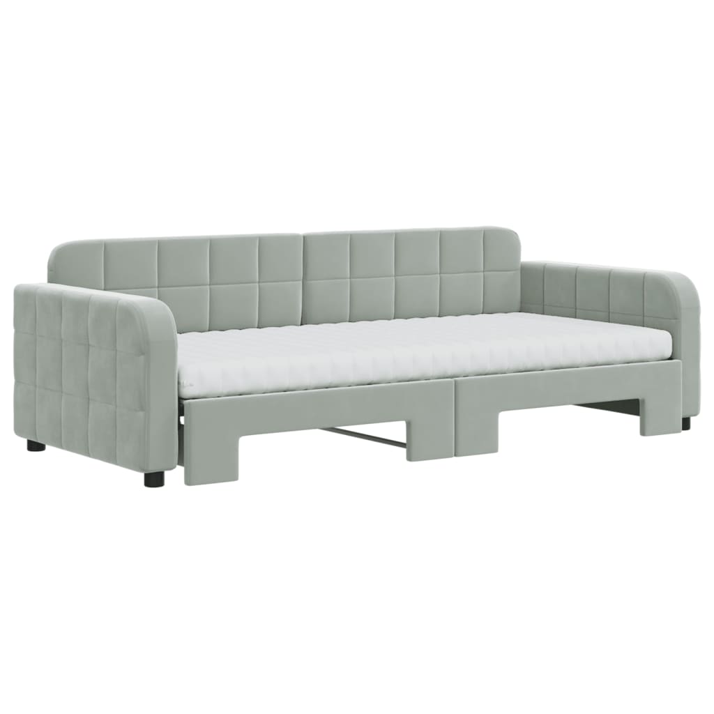 vidaXL Slaapbank onderschuifbed matrassen 90x200 cm fluweel lichtgrijs grijs, foto 2