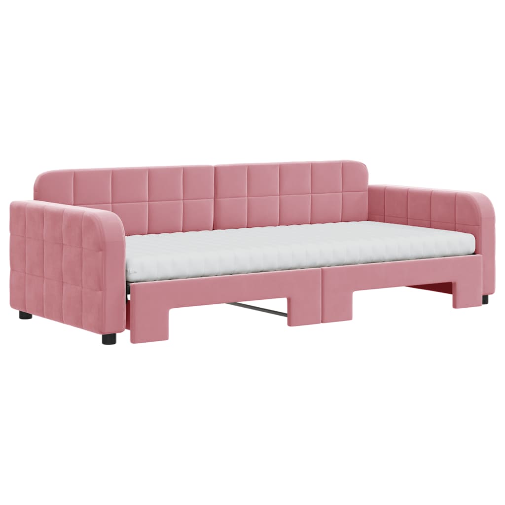 vidaXL Slaapbank onderschuifbed en matrassen 90x200 cm fluweel roze afbeelding