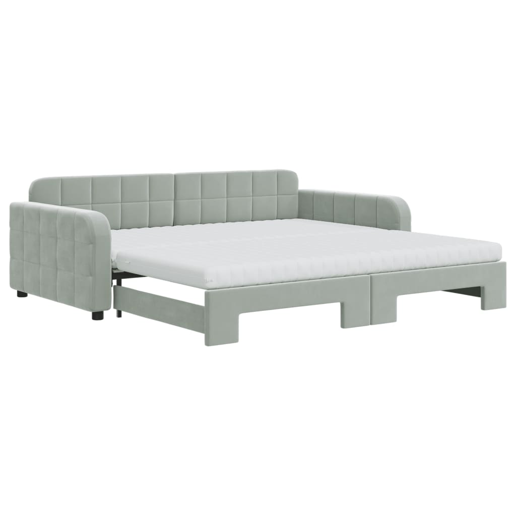 vidaXL Slaapbank onderschuifbed matrassen 100x200cm fluweel lichtgrijs grijs, foto 3