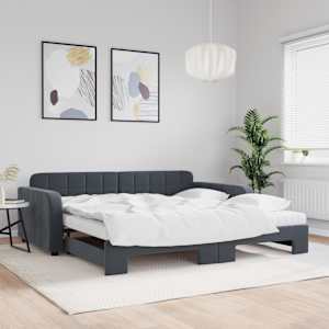 Válenda s přistýlkou a matracemi tmavě šedá 100 x 200 cm samet - obrázek 1