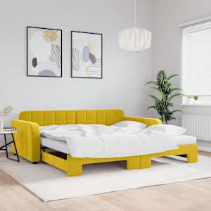 Válenda s přistýlkou a matracemi žlutá 100 x 200 cm samet - obrázek 1