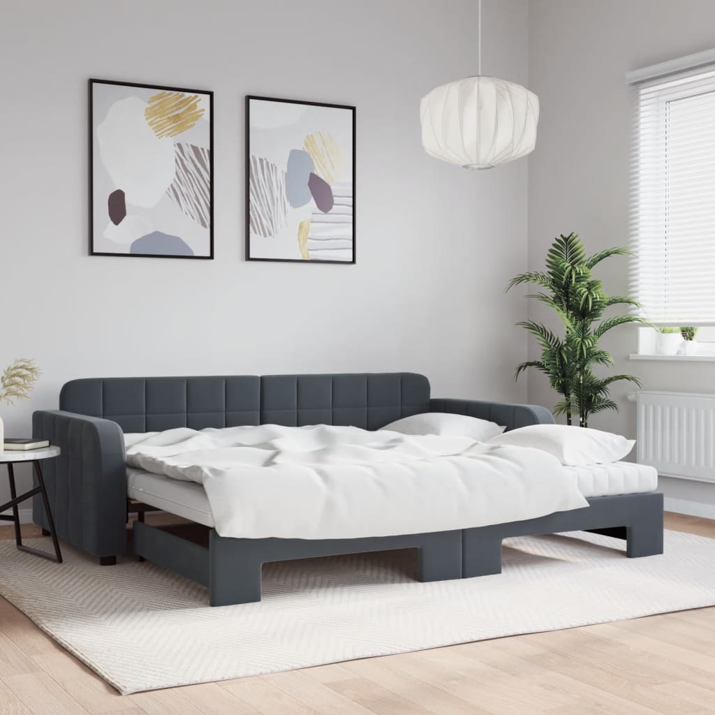 Dagseng med udtræk og 2 madrasser 90 x 190 cm - mørkegrå velour