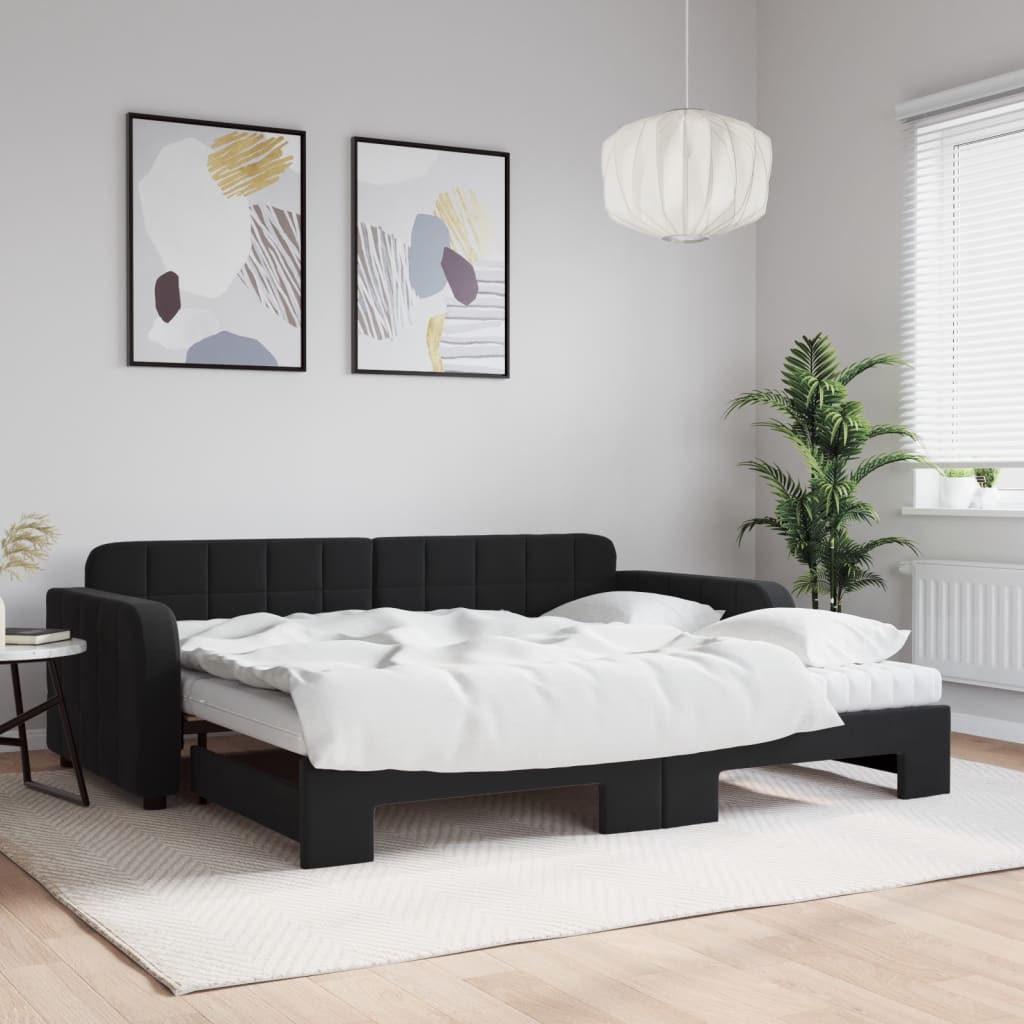 Daybed med udtræk og 2 madrasser 90 x 190 cm - sort velour