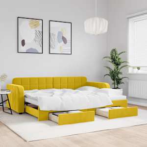 Izvlečna dnevna postelja s predali rumena 80x200 cm žamet