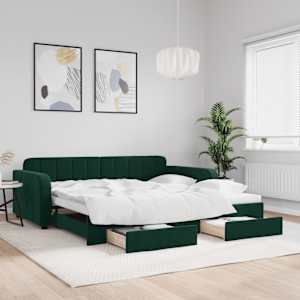 Válenda s přistýlkou a zásuvkami tmavě zelená 100x200 cm samet - obrázek 1
