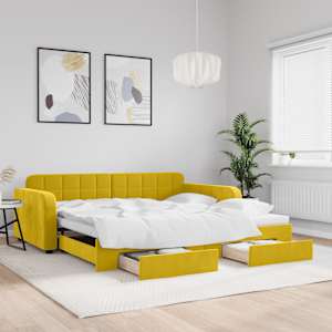 Izvlečna dnevna postelja s predali rumena 100x200 cm žamet