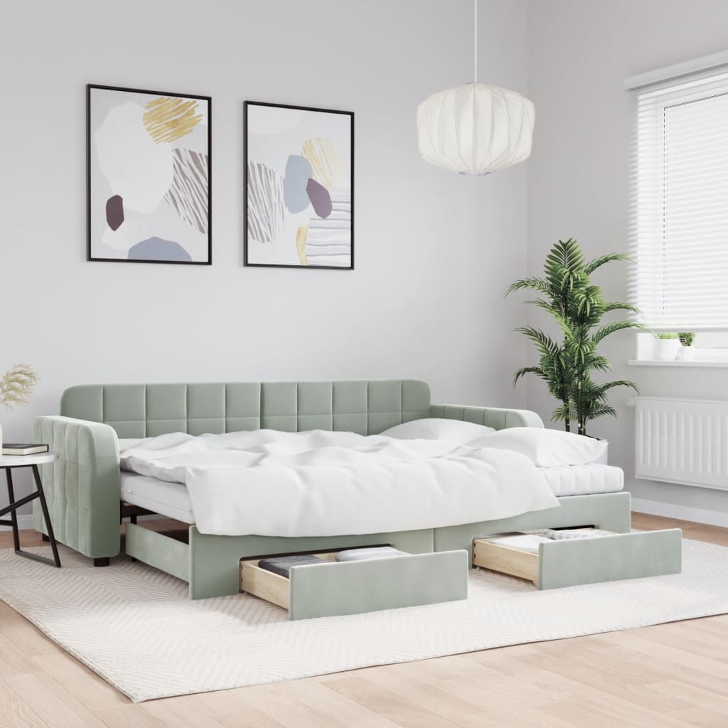 Daybed Velour Lysegrå - med udtræk og skuffe og madras / 80 x 200 cm