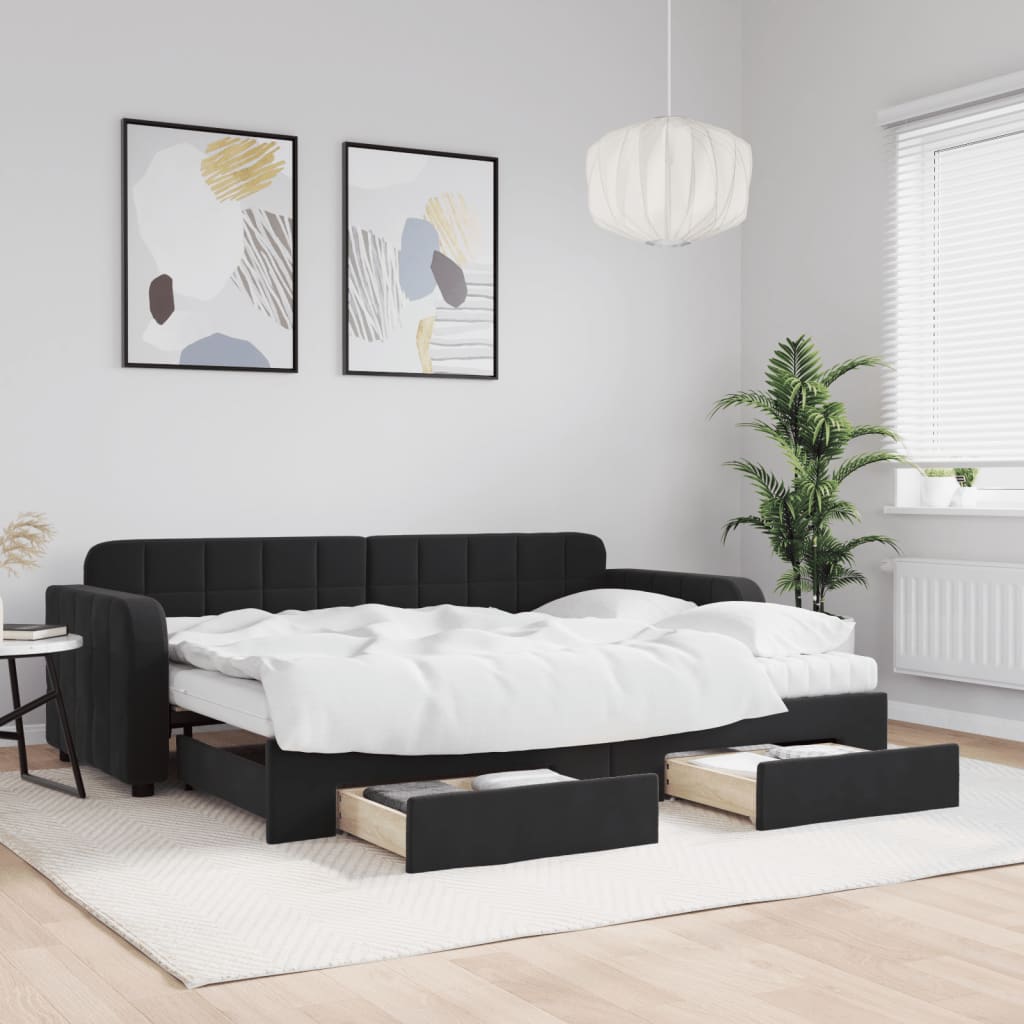 Daybed Velour Sort - med udtræk og skuffe og madras / 80 x 200 cm