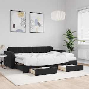 Válenda s přistýlkou a zásuvkami černá 80 x 200 cm samet - obrázek 1