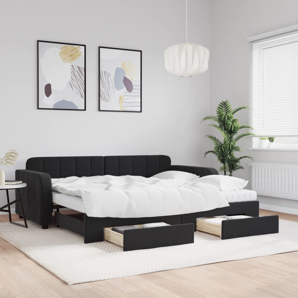 Daybed Velour Sort - med udtræk og skuffe og madras / 90 x 200 cm