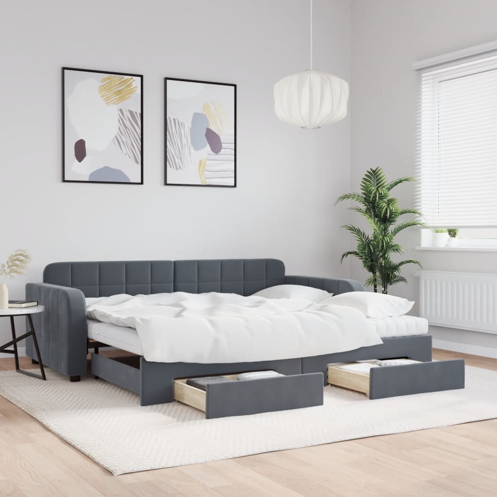 Daybed Velour Mørkegrå - med udtræk og skuffe og madras / 90 x 190 cm
