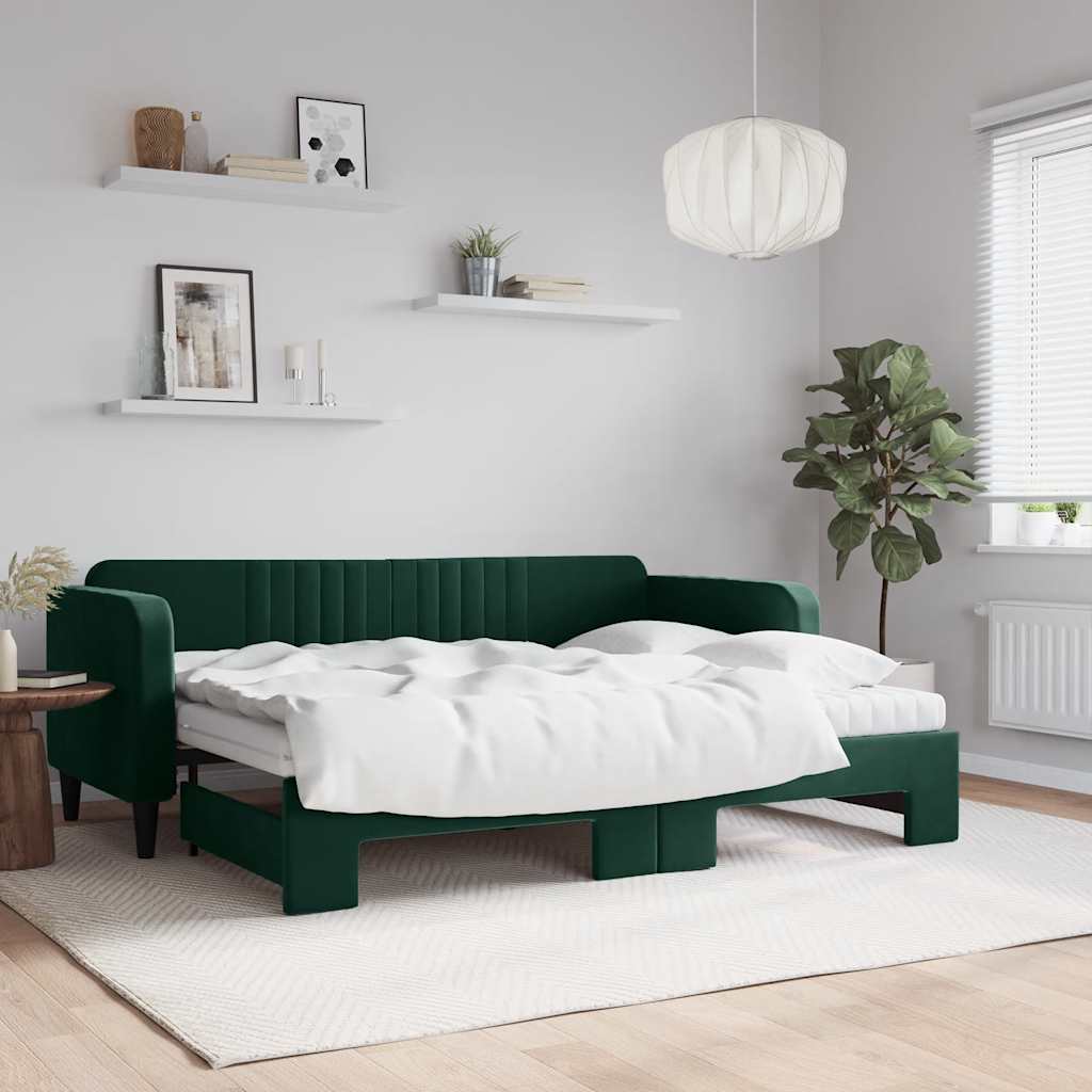 vidaXL daybed med udtræk og madras 80x200 cm velour mørkegrøn