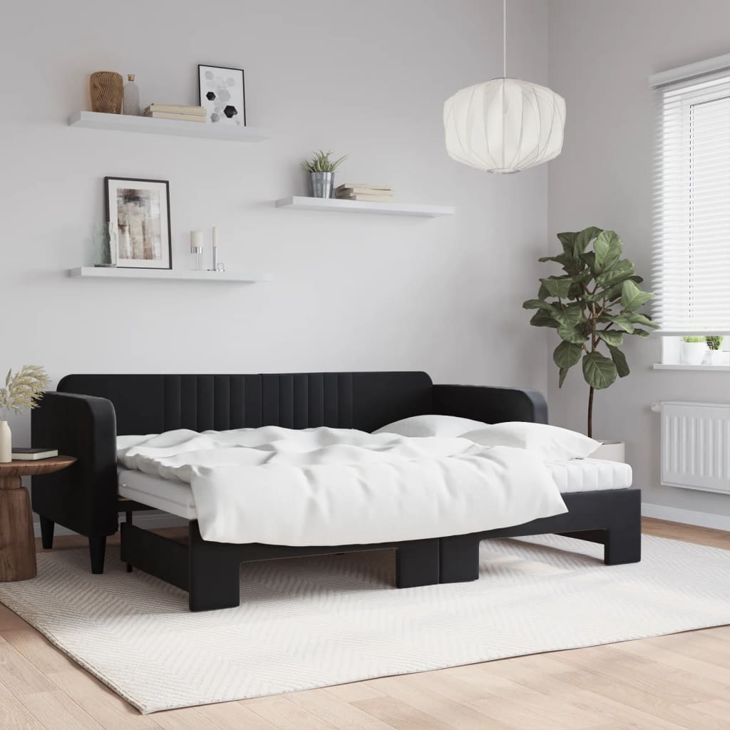 Daybed med udtræk og madrasser 80 x 200 cm i velour - sort