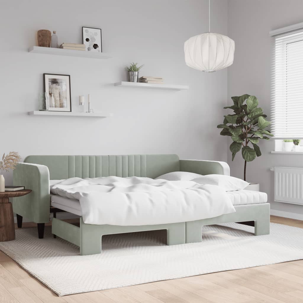 Daybed med udtræk og madrasser 90 x 200 cm velour - lysegrå