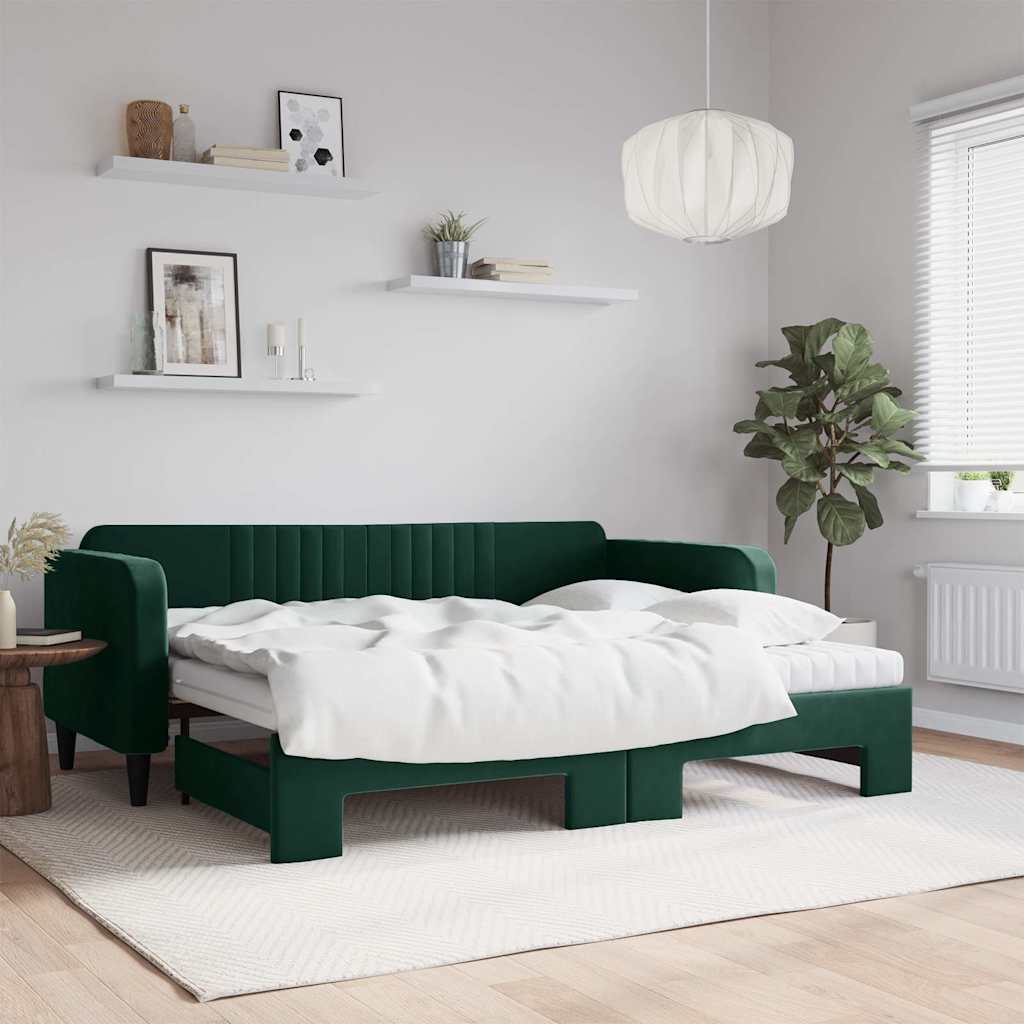 vidaXL daybed med udtræk og madras 90x200 cm velour mørkegrøn