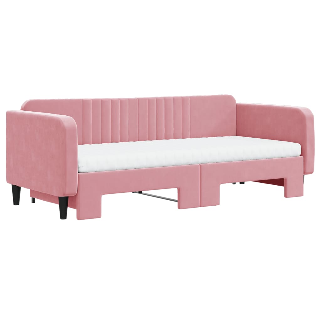 vidaXL Slaapbank onderschuifbed en matrassen 90x200 cm fluweel roze afbeelding