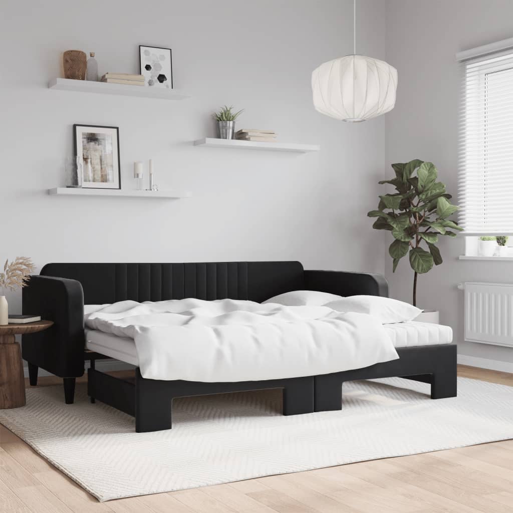 Dagseng med udtræk og 2 madrasser 90 x 200 cm - sort velour