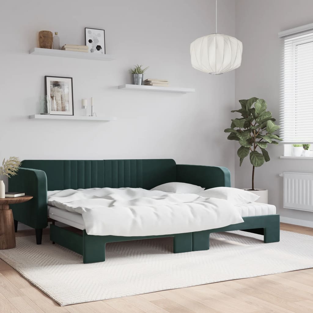vidaXL daybed med udtræk og madras 100x200 cm velour mørkegrøn