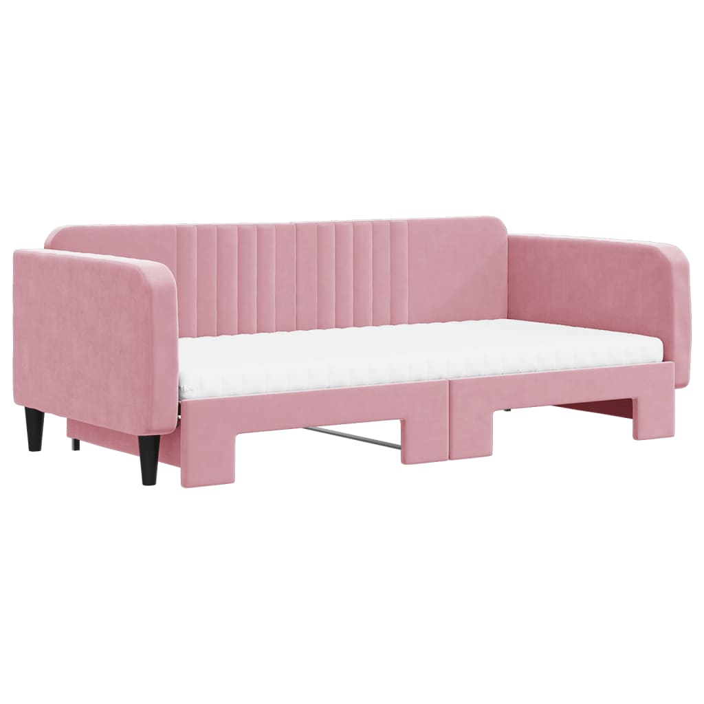 vidaXL Slaapbank onderschuifbed en matrassen 100x200 cm fluweel roze afbeelding