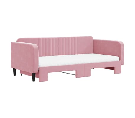 vidaXL Slaapbank onderschuifbed en matrassen 100x200 cm fluweel roze