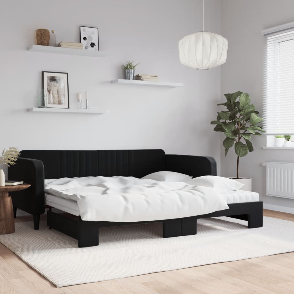 Dagseng med udtræk og 2 madrasser 100 x 200 cm velour - sort