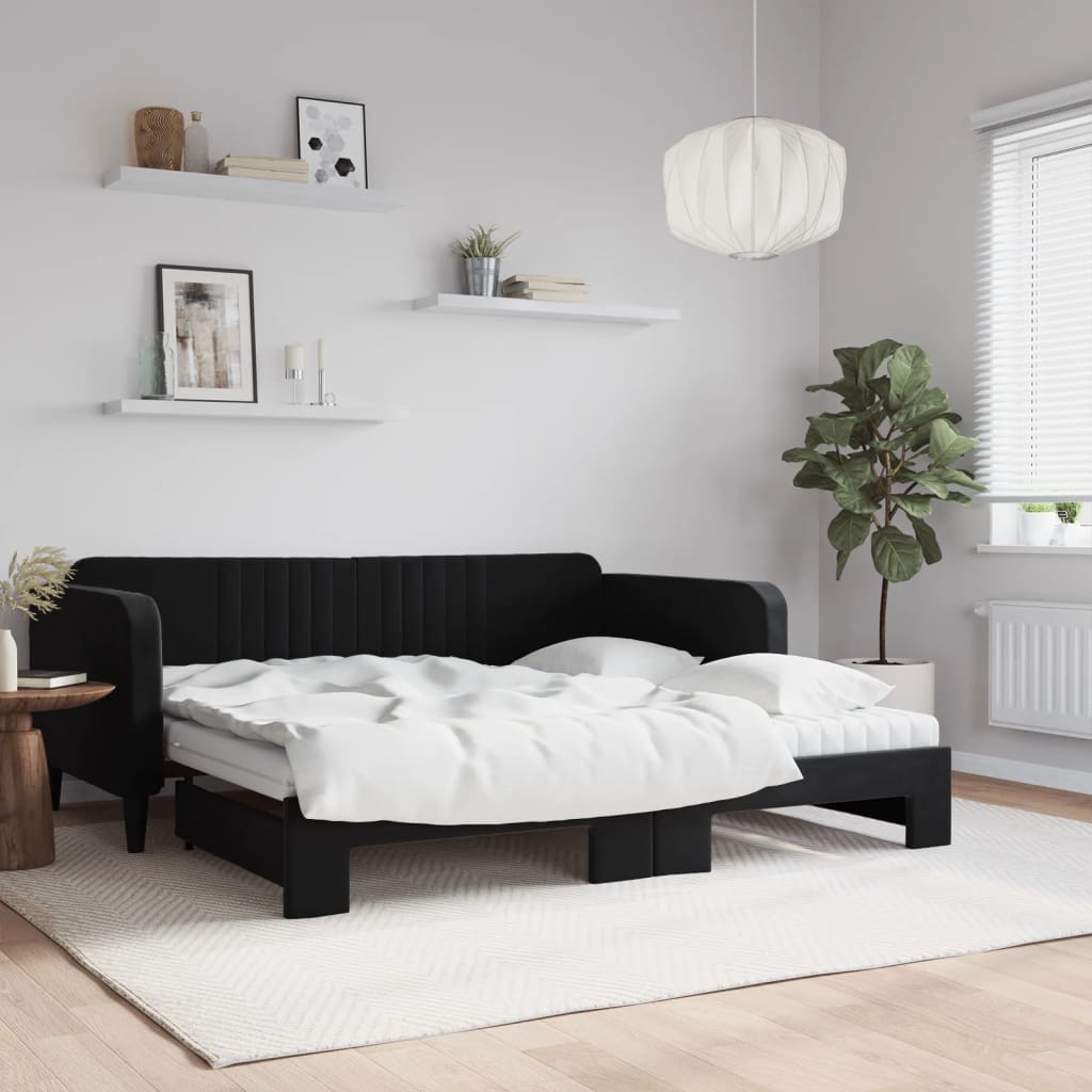 Daybed med udtræk og madrasser 90 x 190 cm - sort velour