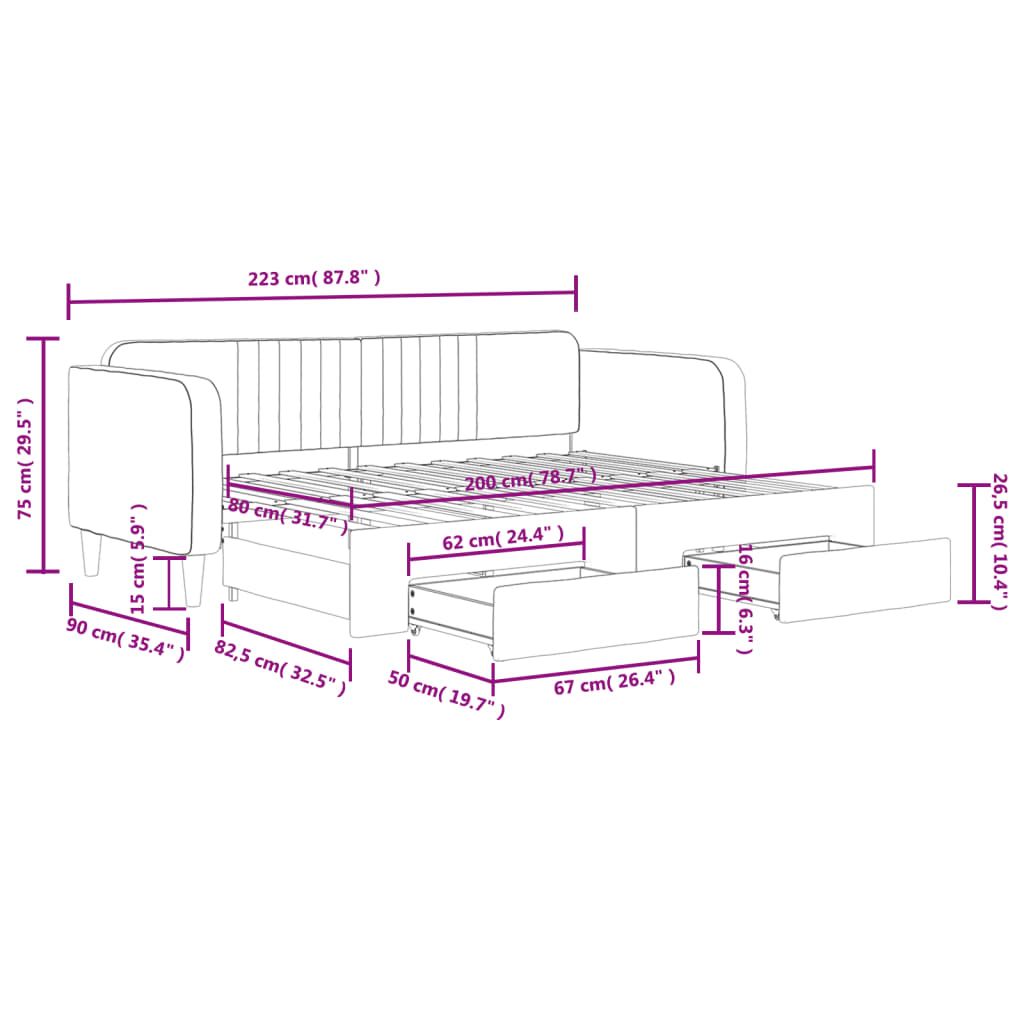 Sofa rozsuwana z szufladami, różowa, 80x200 cm, aksamit