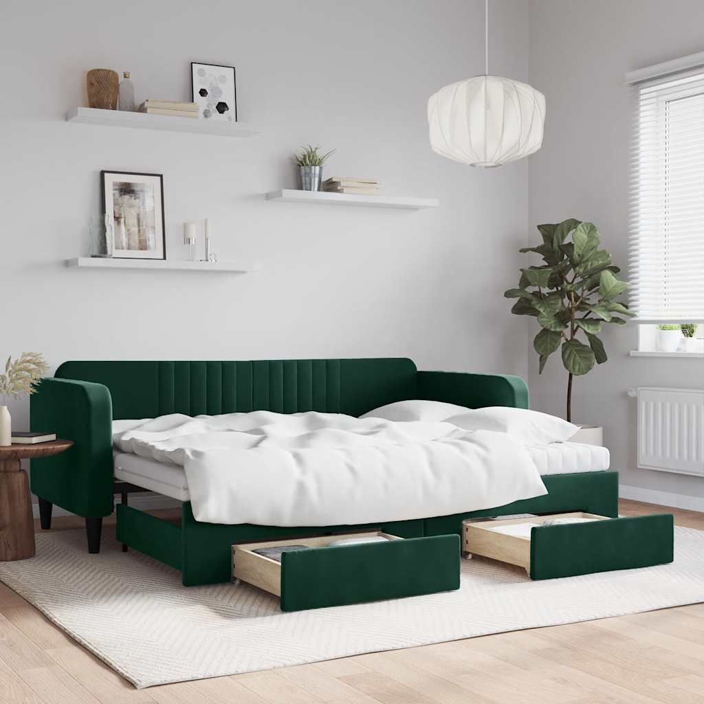 vidaXL daybed med udtræk og skuffer 80x200 cm velour mørkegrøn