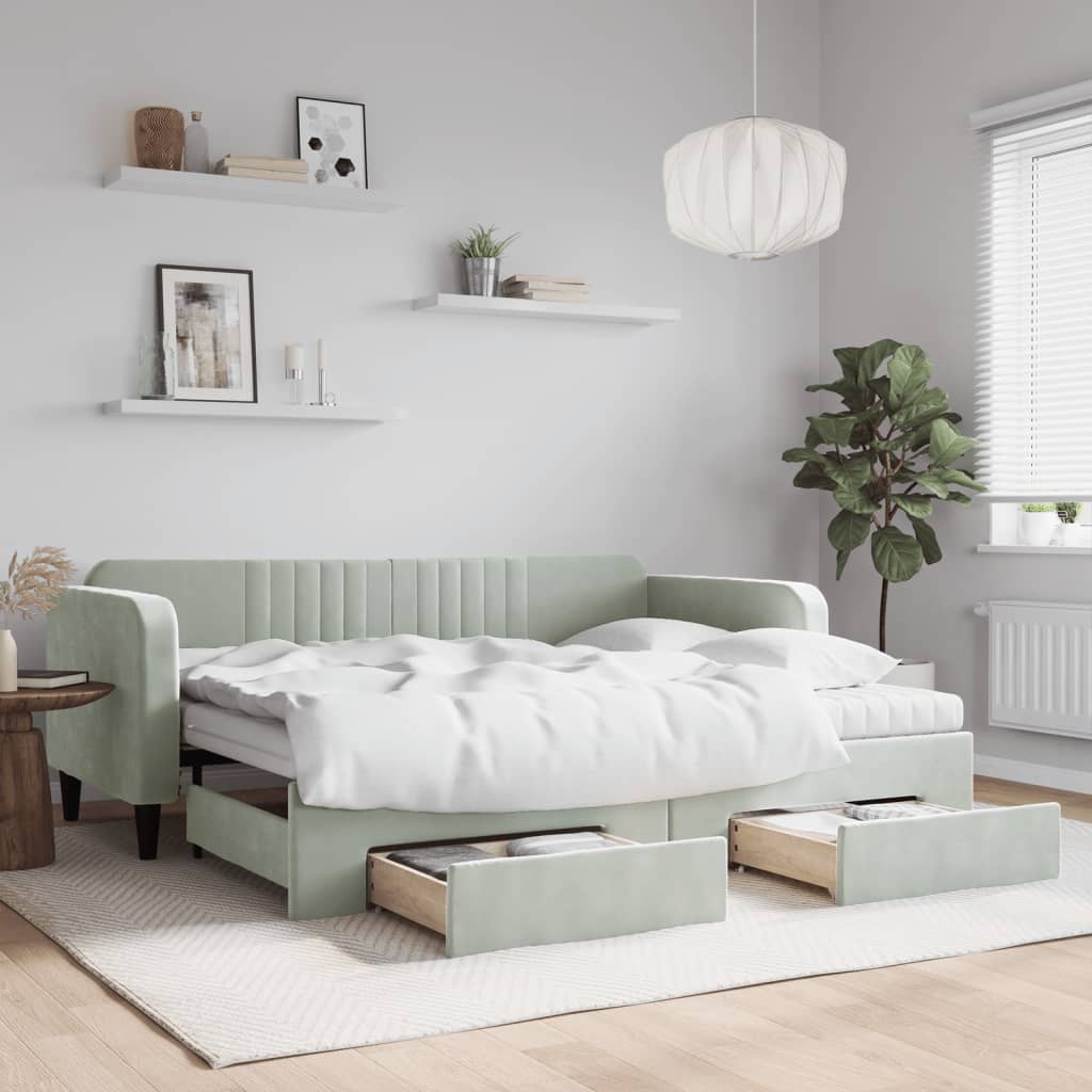 Daybed Velour Lysegrå - med udtræk og skuffe og madras / 90 x 200 cm